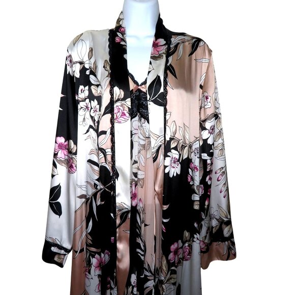 Linea Donatella Floral Chiffon Nightgown & Robe Set Lace Trim Black/Pink Medium - Picture 7 of 12